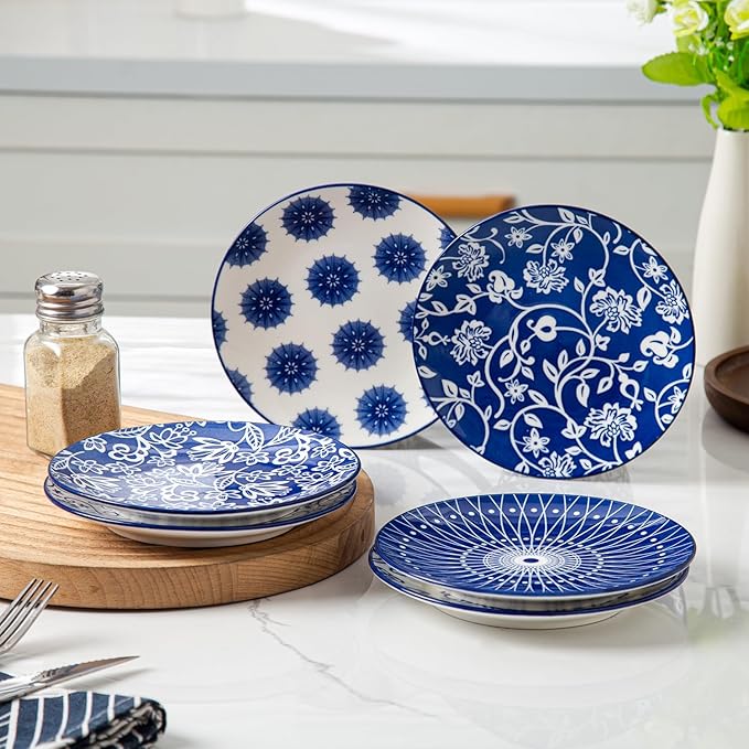 Ceramic Dessert Plates Set - 6 Inch Mini Appetizer Plates for Kitchen - Small Salad Plate for Cake Snacks Side Dish, Microwave Dishwasher Safe, Gift, Vintage Blue