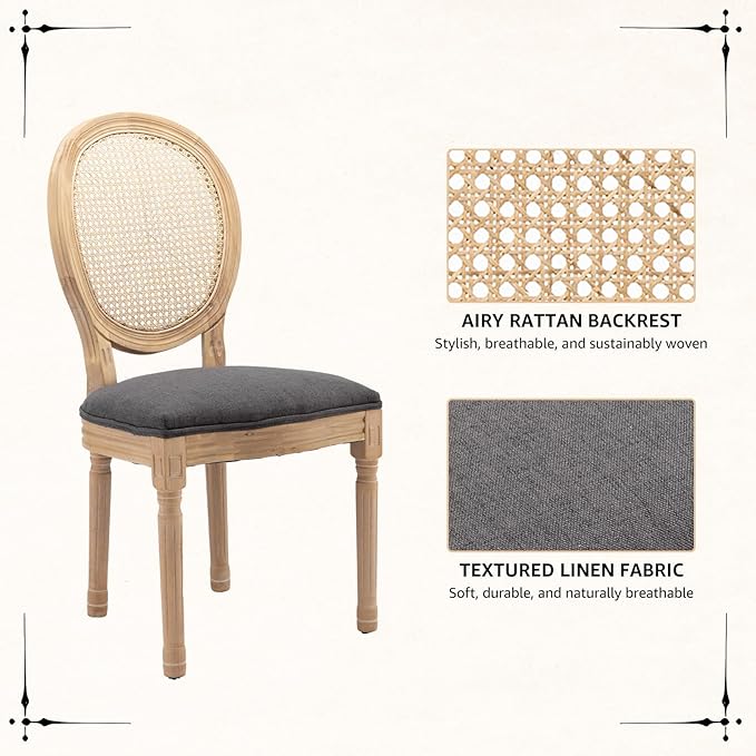 Vintage French Rattan Dining Chairs Set of 4, Solid Wood Frame with Round Rattan Back and Linen Upholstered Seat, Farmhouse Accent Sillas de Comedor Side Chairs for Dining Room & Kitchen, Gray