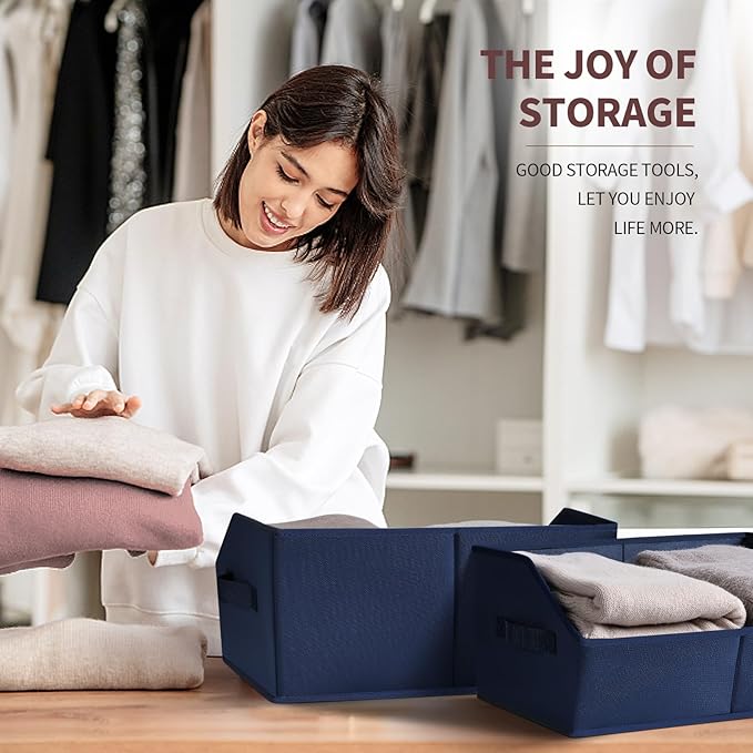 Closet Baskets for Shelves Trapezoid - Decorative Storage Baskets with Handle, Closet Bins for Organization, Shelf Storage Bins for Clothes, Books, Home, Office, 10 Pack, Navy Blue