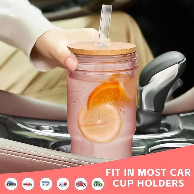 ANOTION Glass Cups with Lids and Straws, 24oz Pink Glass Tumbler Travel Coffee - Image 6