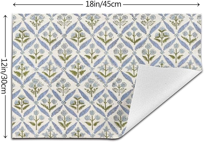 Block Print Floral Placemats 12x18 Inches Set of 4, Boho Blue Flower Decorative Modern Rectangle Table Mats for Party, Home Kitchen,Dining Table Decoration