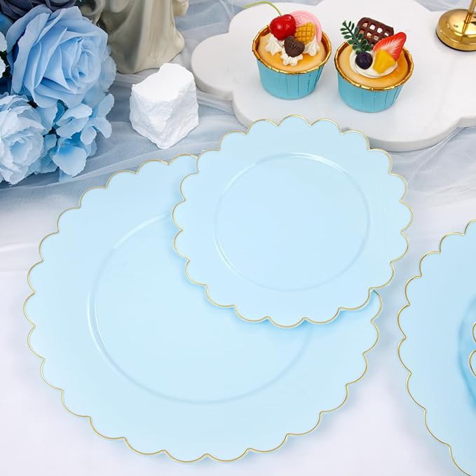 LIYH 60 Pcs Baby Blue Plastic Plates with Gold Edge - Disposable Light Blue Plastic Plates Includes 30 Dinner Plate 10.25" and 30 Dessert Plate 7.5" for Party Birthday