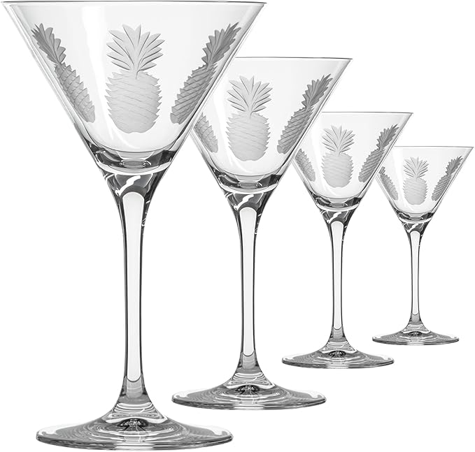 Rolf Glass Fresh Pineapple Martini Glass | Lead-Free Glasses | Proudly Made in the USA | Engraved Tropical Pineapple Martini Glasses | Set of 4