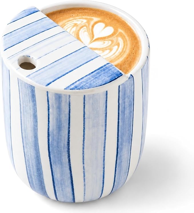 Ceramic Mug with Sip Hole 10 oz Novelty Blue Striped Ceramic Ice Coffee Mug by Ferrochef