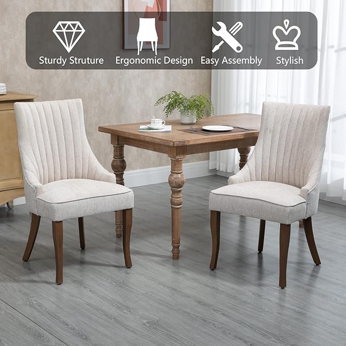 mikibama Linen Dining Chairs Set of 6 Channel Tufted Kitchen Dinner Chair Comfy Fabric Upholstered Accent Chair for Dining Room with Solid Wood Legs (Beige 6pc)
