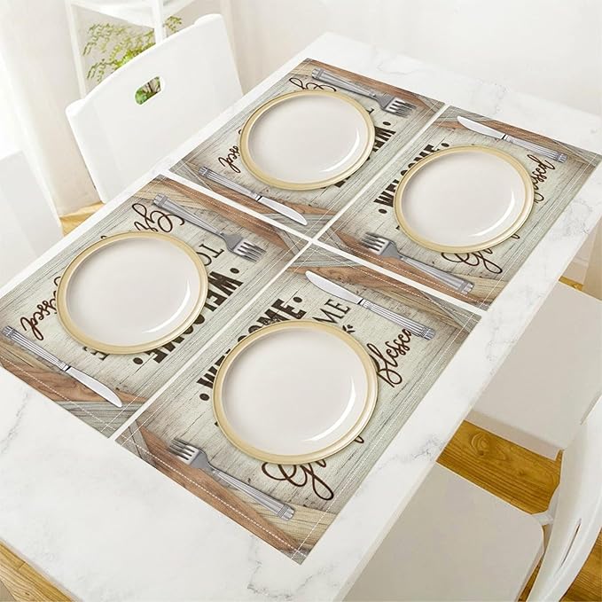 Vintage Farmhouse Placemat Set, Beige White Rustic Wooden Plank Patchwork Welcome Home Letter Inspirational Quotes Pattern Home Decor Linen Table Mats for Dining Room Kitchen Party (17x12in) x4P