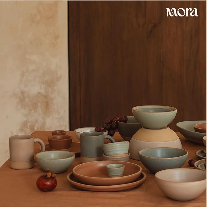 MORA Large Plates Set of 4, 10.5 inch Ceramic Pottery Dinner Plates - Microwave, Oven and Dishwasher Safe - Terracotta