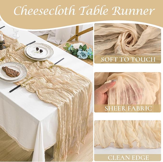 3 Pack Champagne Table Runner Summer Boho Cheesecloth Table Runner Gauze Table - Image 2