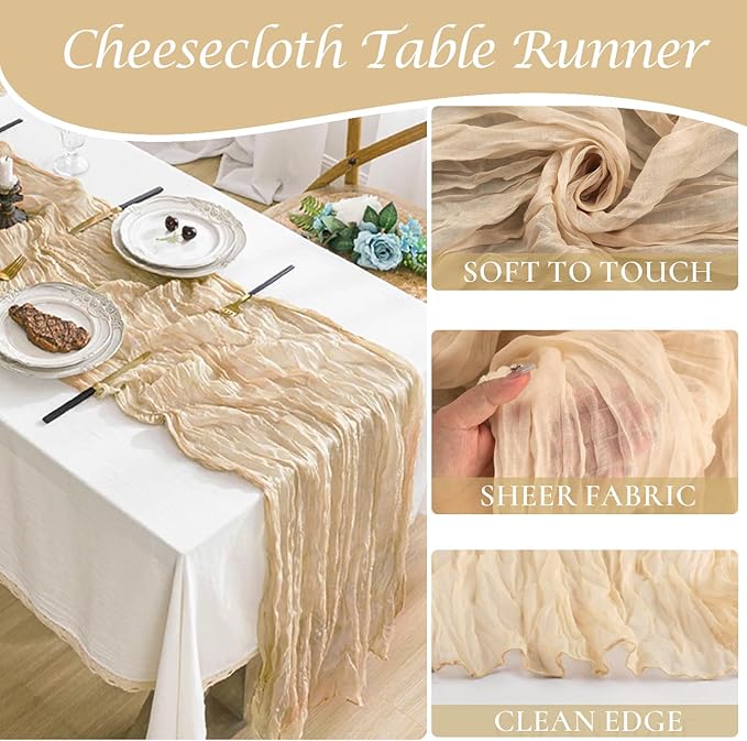 6 Pack Champagne Cheesecloth Table Runners 35x120 Inches Beige Cheese Cloth - Image 2
