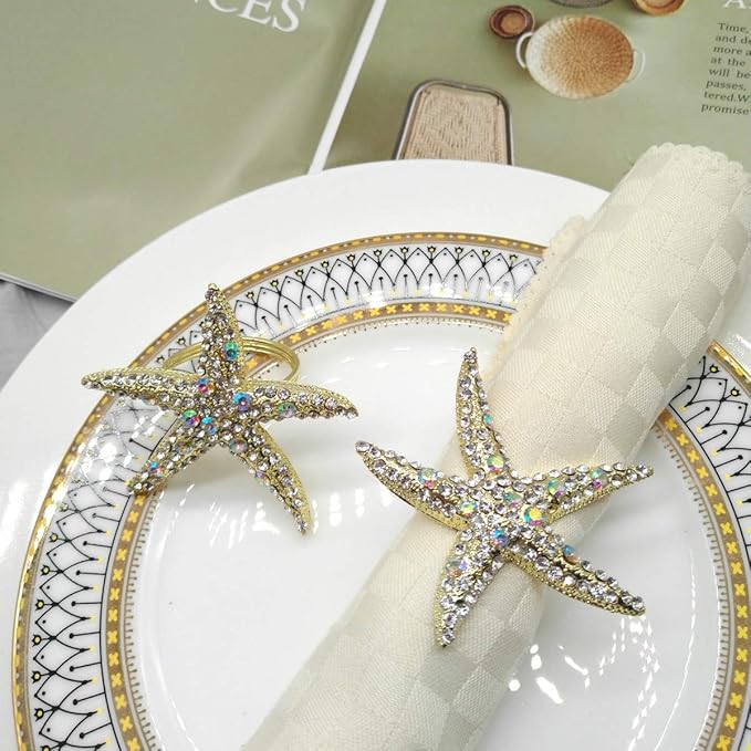 Crystal Starfish Napkin Rings - Rhinestone Coastal Nautical Napkin Ring Holders for Wedding Party, Beach/OceanTheme Dining Table Decoration Accessories (6)