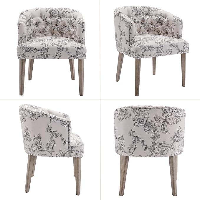Mid-Century Dining Chairs Set of 2, Tufted Upholstered Linen Dining Room Chairs Comfy Side Chair Armchair Guest Chair with Wooden Legs for Dining Room Living Room, Floral Pattern