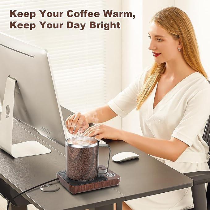 Coffee Mug Warmer & Mug Set for Desk, Smart Coffee Cup Warmer with 16oz Heated Mug, Coffee Heater with Auto Shut Off for Office/Home, Birthday/Valentine's Day/Coffee Gifts for Men & Women, Wood