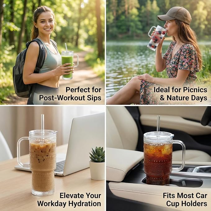 20 oz Glass Tumbler with Lid and Straw, Glass Iced Coffee Cups, Spill-proof - Image 4