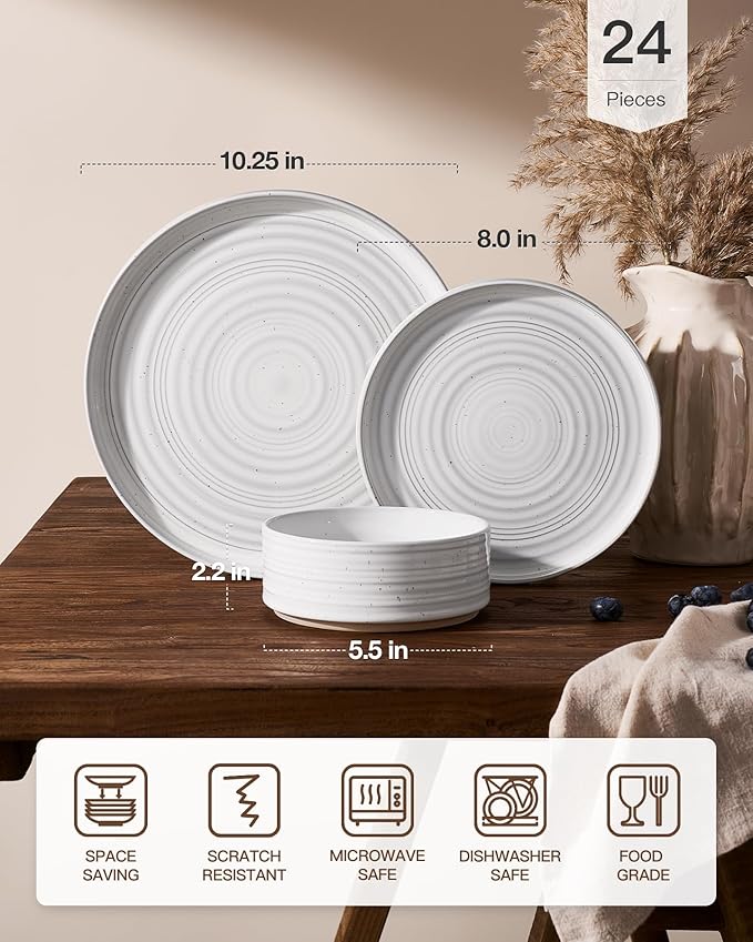 Stoneware Dinnerware Set, Highly Chip & Scratch Resistant Everyday Plates and Bowls for 8 (24pcs), Reactive Glaze Speckled Ceramic Straight Dishes with Gift Box, Microwave Dishwasher Safe, White