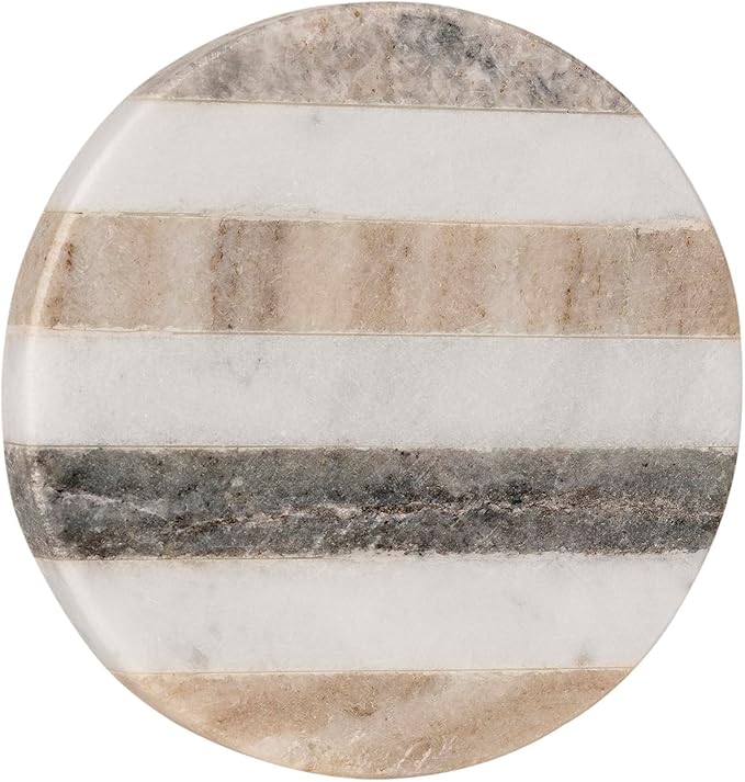 GoCraft Handcrafted Marble Round Coasters with Striped Inlay - Set of 6 White & Grey Marble Coasters for Wine Glasses, Drinks & Beverages, Stylish Barware & Home Decor for Dining & Entertaining