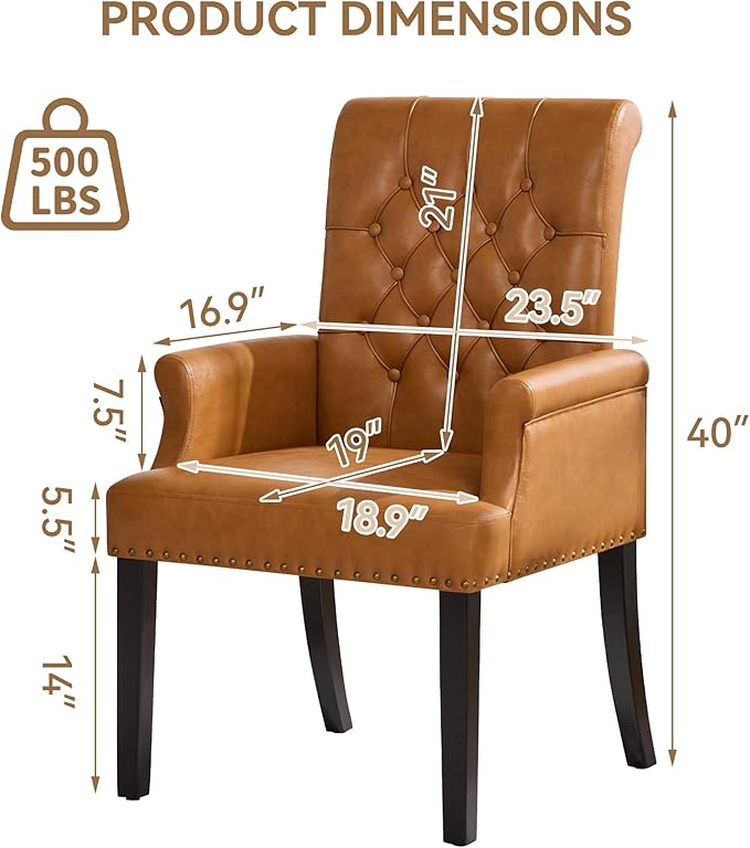 PU Leather Dining Chair with Arms, Upholstered Tufted High Back Dining Room Chairs, Accent Armchair with Solid Wood Leg and Nailhead Trim, Kitchen Dining Living Room, Brown