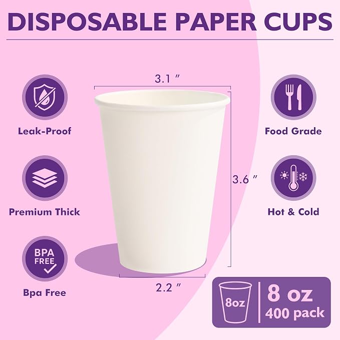 8 oz White Paper Coffee Cups, Disposable Hot Cups - Image 6