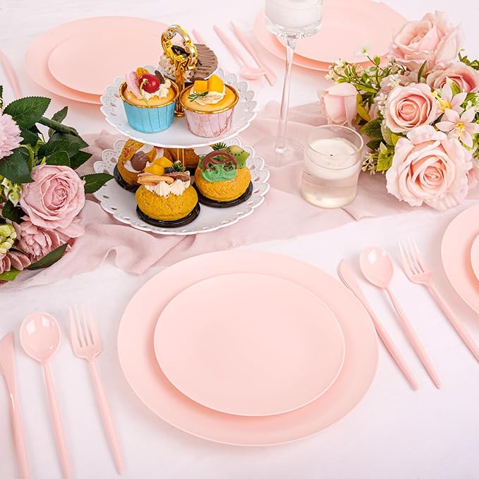 EI 150pcs Pink Plastic Plates Pink Disposable Heavy Duty Plastic Plates for Party Dinnerware Set Pink Plastic Silverware for Party Wedding Afternoon Tea,Spring,Mother's Day,Valentine's Day,Easter
