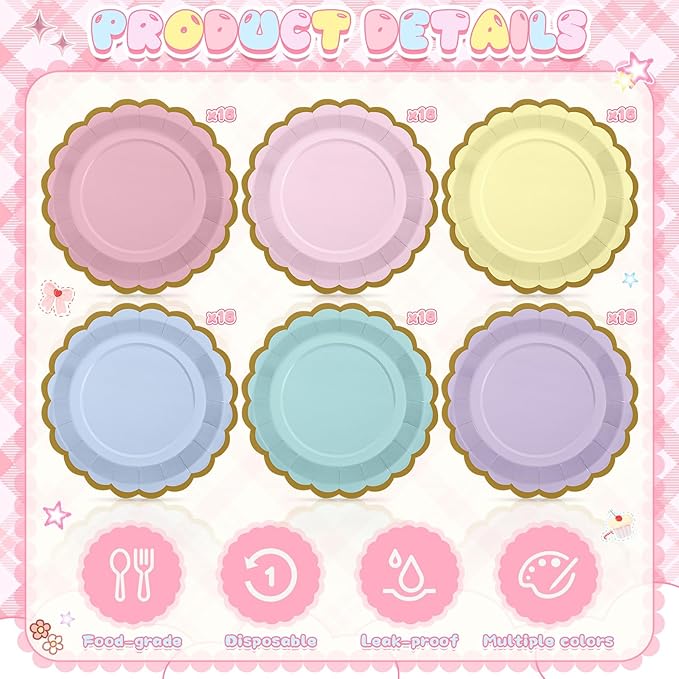 96 Pcs Pastel Paper Plates 9 Inch Gradient Scalloped Paper Disposable Dinner Dessert Plates for Easter Birthday Wedding Bridal Party Supplies, 6 Colors