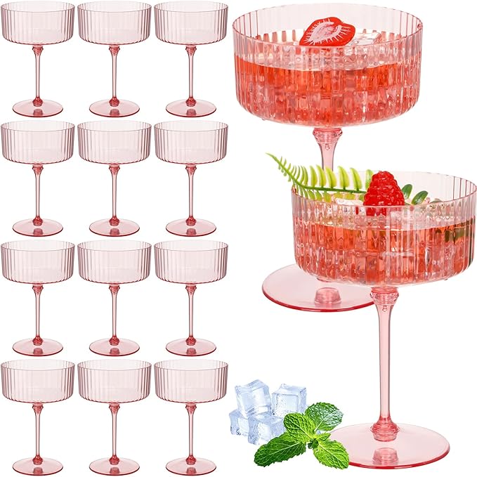 12 Pcs Ribbed Martini Glasses 10 oz Disposable Plastic Vintage Ribbed Coupe Glasses Unbreakable Dessert Parfait Glassware for Wedding Birthday Party Supplies (Pink)