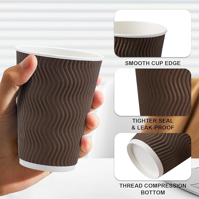 500 Pack 12 oz Coffee Cups, Disposable Corrugated Insulated Ripple Wall Paper Coffee Cups 12oz for Hot or Cold Drinks Office Home Cafe Party Travel (Brown)