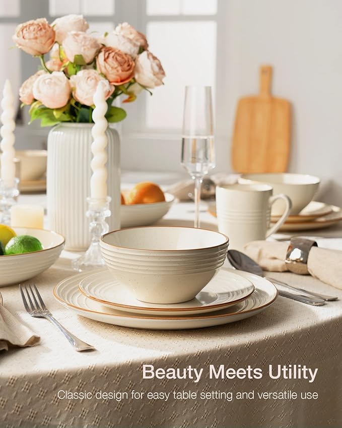 Famiware Jupiter Dinnerware Set with Pasta Bowl, Plates and Double Bowls Dish Sets for 4 (16 Pieces), Microwave and Dishwasher Safe Stoneware Tableware, Chip and Scratch Resistant, Vanilla White