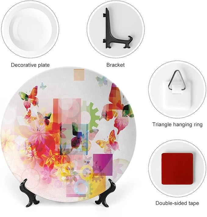 Decorative Plates, Abstract Print Ornament, Natural Design Flowers Leaves Squares Rounds, 10 Inch, 1 Plate with 1 Display Stand, Multicolor