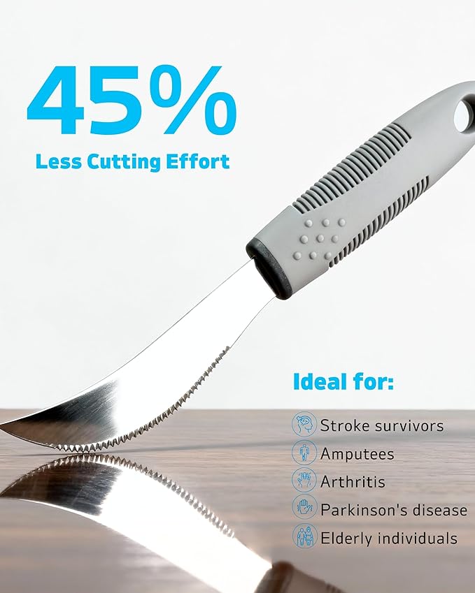 4-Piece Adaptive Utensils Set with Rocker Knife & Shovel Spoon - 42° Angled Parkinsons Utensils, 2.5 oz Weighted Silverware for Hand Tremors and Arthritis, Adaptive Eating Utensils (Grey Right-handed)