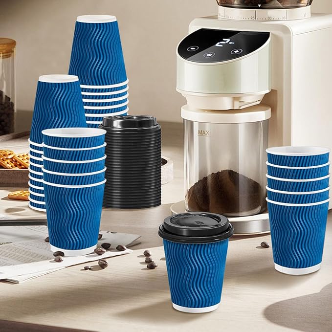 100 Pack Coffee Cups with Lids 8 oz, Disposable Insulated Ripple Wall To Go Paper Coffee Cups for Hot/Cold Drinks Office Home Shop Event (Navy)