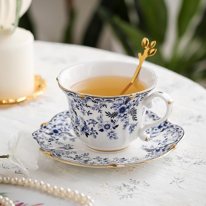 TATSUMI Country Roses Bone China Tea Cup and Saucer Set, 3 Pieces, Vintage Style - Image 5