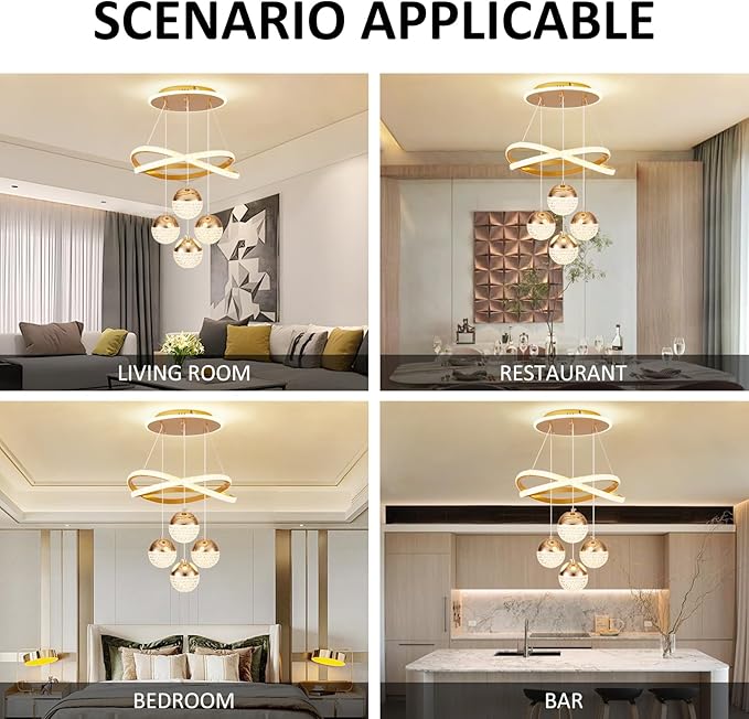 Modern Gold LED Chandeliers, 3-Color Dimmable Pendant Light for Kitchen Island, Dining Room, Living Room, Contemporary Hanging Ceiling Light, Adjustable Height, Perfect for Modern Home Decor.