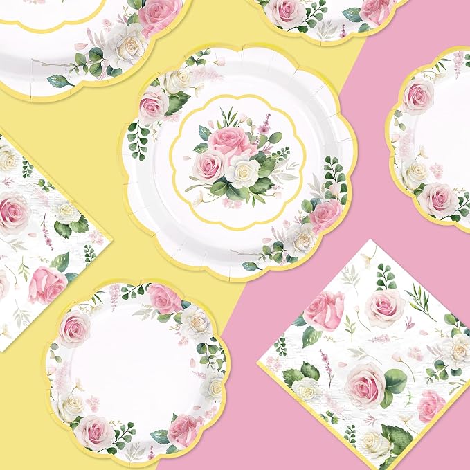 250 Pcs Floral Tea Themed Party Decorations, Serves 50 | Pink Floral Scalloped - Image 2