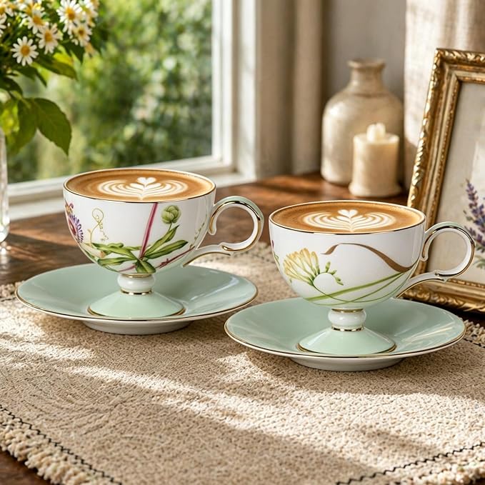 KAMMAK Tea Cups Set of 2, Ceramic Floral Pattern Demitasse Cup | Porcelain - Image 5