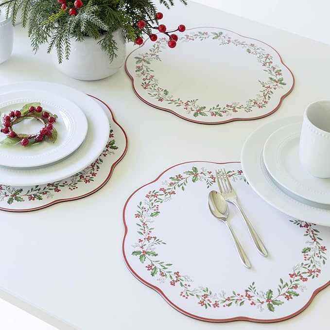 Benson Mills Cork Placemats Set of 4, Thick Cork Place Mats for Kitchen and Dining Tables, Easy Clean Table Mats for Christmas, Winter and Holidays (13.75" Round Set of 4, Holly Wreath)