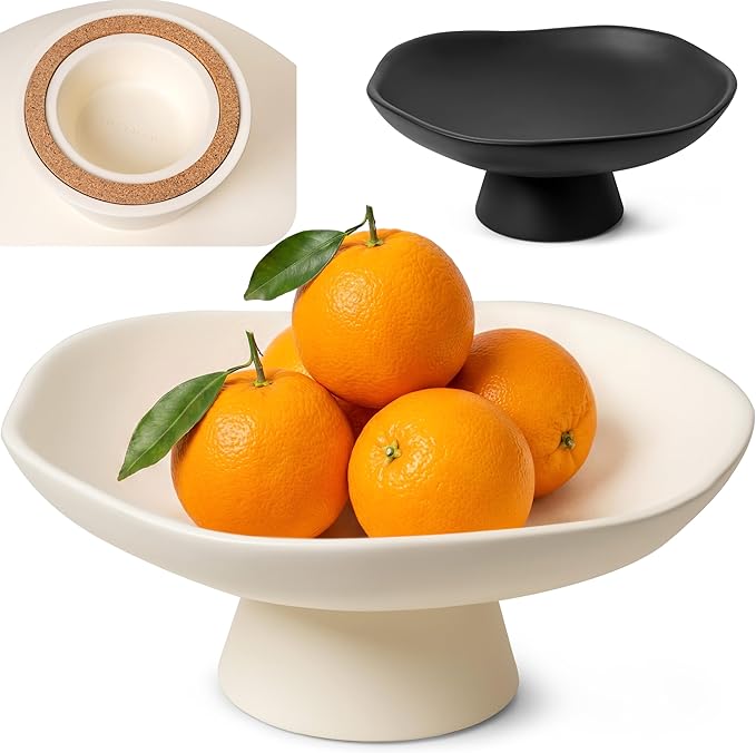 Modern Concrete Fruit Bowl for Kitchen Counter – Cream White Decorative Pedestal Bowl, 11.2” Wide Minimalist Fruit Tray for Home Décor, Table Decor, Entryway Key Bowl