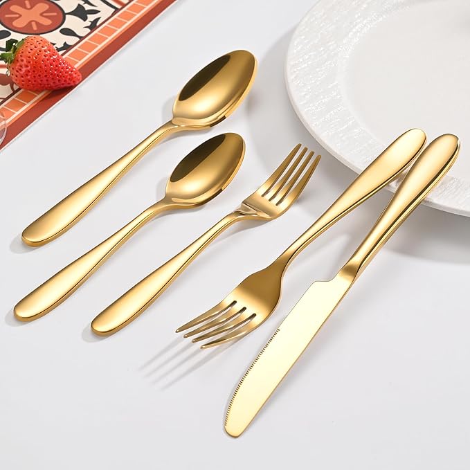40-Piece Gold Silverware Set, Flatware Set for 8, Food-Grade Stainless Steel Tableware Cutlery Set, Mirror Finished Utensil Sets for Home Restaurant, Forks Spoons and Knives Set, Dishwasher Safe