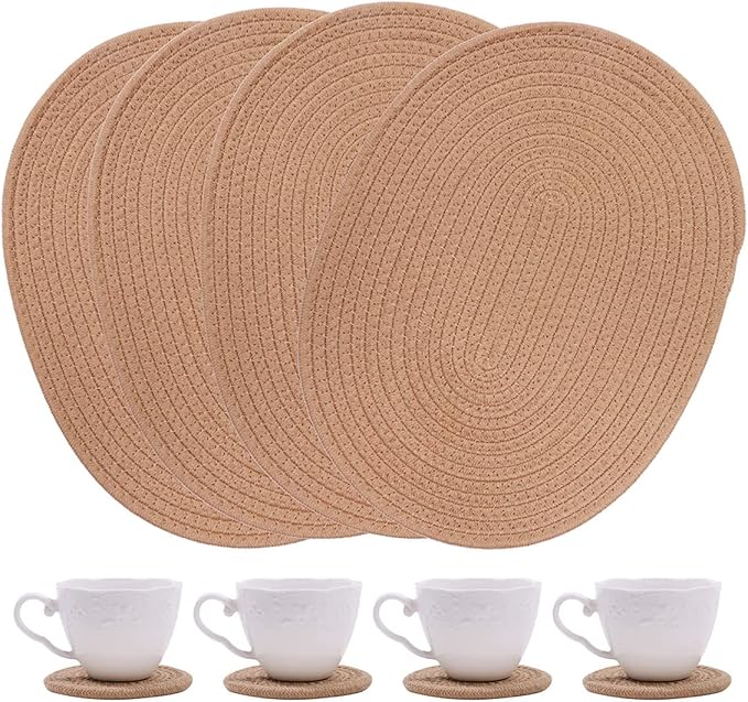 4 Pack Oval Woven Placemats and Set of 4 Round Fabric Coasters, Cotton Braided Tablemat Set, Heat-Resistant Pot Holders, 11.5 * 15.8'' Washable Plate Chargers for Christmas Table Decoration