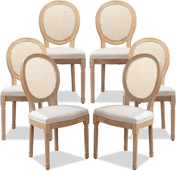 SoarFlash French Dining Chairs Set of 6, Vantage Dining Chair with Round Back, Farmhouse Country Rattan Dining Chair for Kitchen,Bedroom,Beige