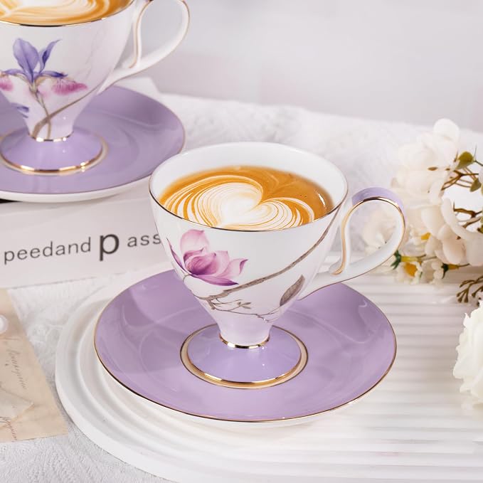 KAMMAK Ceramic Coffee Cups Saucers Set of 2, Porcelain Espresso Cups - Image 3