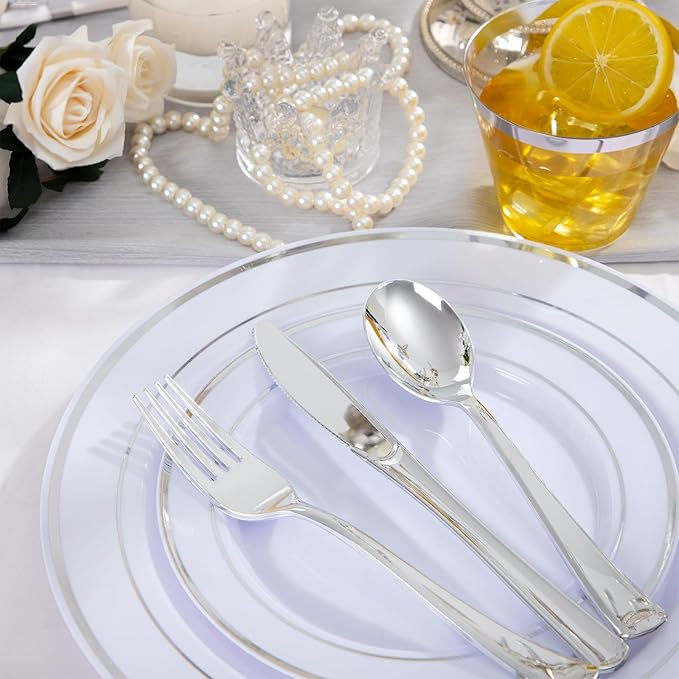 WELLIFE 600 PCS Silver Disposable Dinnerware Set for 100 Guests, Wedding Reception Plates & Silver Plastic Tableware, Dinner & Salad Plates, Cups, Forks, Knives & Spoons for Weddings & Elegant Events