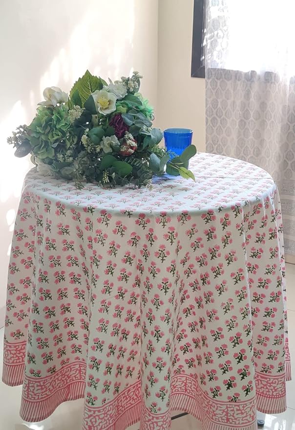 ATOSII Gulbahar White Pink 100% Cotton Spring Summer Round Tablecloth, Block Print Table Cloth for Dining, Weddings, Outdoors, Parties, Grand Millenial Home Decor 90" Inches I