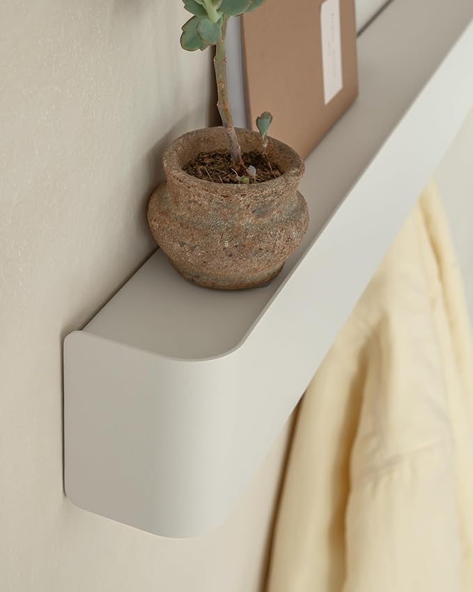Kazai.® Coat Rack Wall Mount with Shelf 'Tone' | Modern Design Coat Hanger with Hidden Hooks and Storage | Hat Rack with Shelf in Metal | Wall-Mounted Purse Organizer | White