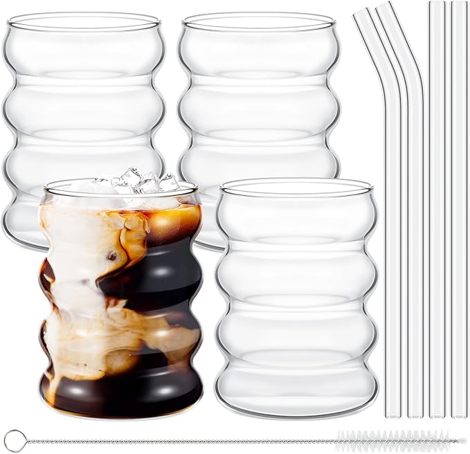 Tessco for you 4 Pcs Creative Glass Cups Vintage Drinking Glasses Ribbed by Tessco