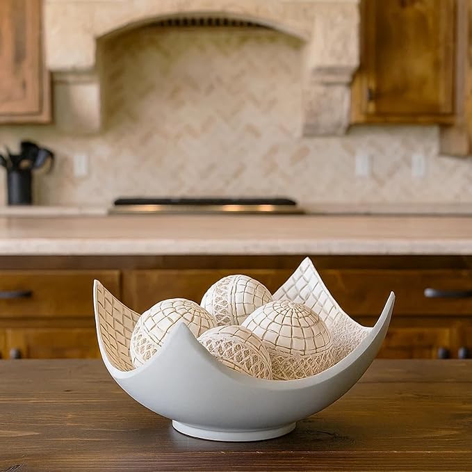 Seraphic 5pc Scoop Bowl Table Centerpieces for Dining Room, Large Decorative Bowls for Coffee Table Decor, Kitchen, Orbs/Balls Included, 14" diagonal. 11" wide and 5.75" tall, White