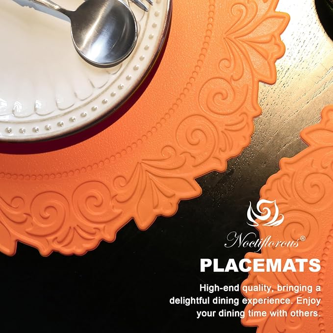Noctiflorous Round Faux Leather 15 Inch Placemats Set of 6 Waterproof Wipeable Heat Resistant Tablemat for Dining Table Kitchen Non Slip Washable Oilproof Table Place Mat(Pumpkin Orange, 6)