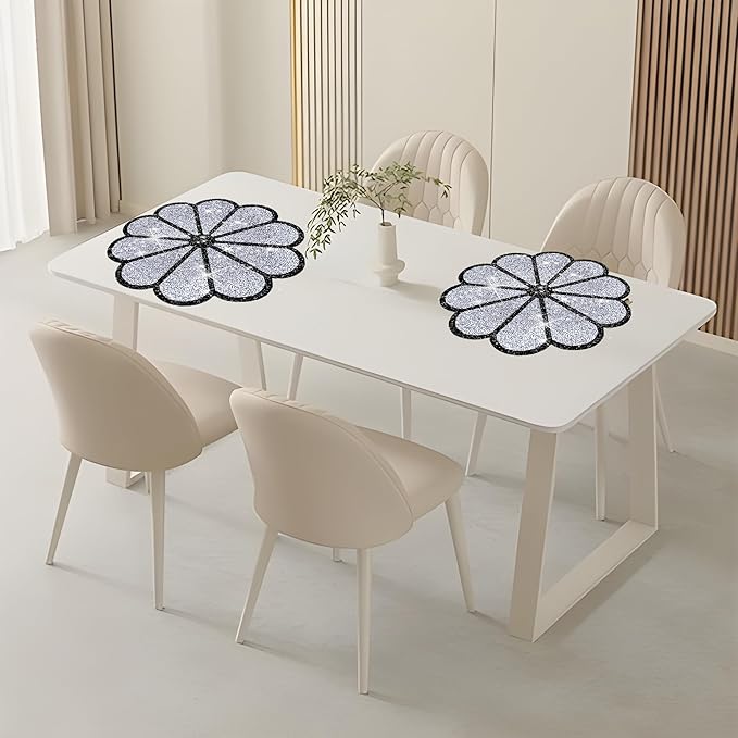Washable Waterproof Diamond Circle Placemats for Round Tablescape Decor for Dinner and Kitchen Bling Placemats for Weddings & Special Events -6 PCS (Silver and Black)