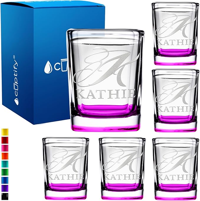 Personalized Shot Glasses Set of 6 Initial and Name 2oz Pink Bottom Etched Square Shot Glass Engraved with Custom Text Birthday or Christmas Gift for Women