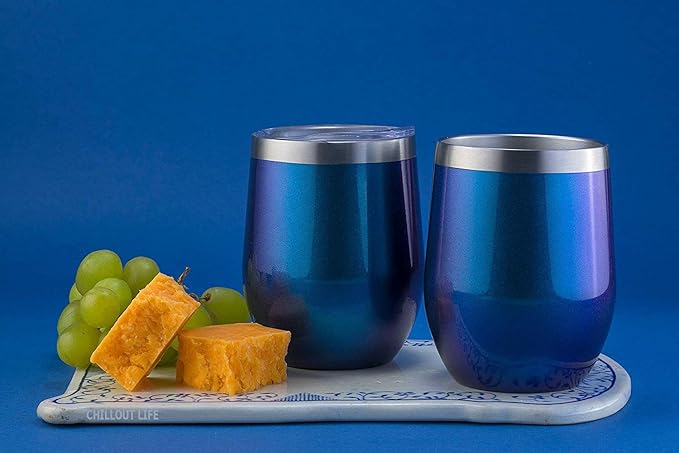 CHILLOUT LIFE 12 oz Stainless Steel Wine Tumblers 2 Pack - Double Wall Vacuum Insulated Wine Glasses Cups with Lids and Straws Set Keeping Cold & Hot for Coffee, Beer, Ice Cream - Blue Sparkle