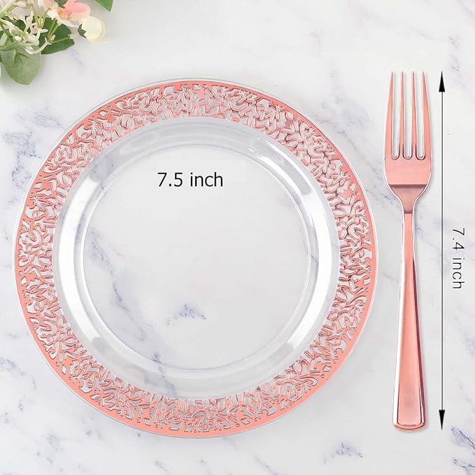 I00000 72 Pcs Rose Gold Dessert Plates 7.5" & 72 Pcs Disposable Forks 7.4", Lace Design Plastic Salad Plate, Plastic Appetizer Plate for all Holidays Perfect for Party & Wedding