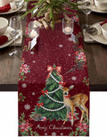 Christmas Reindeer Table Runners 90 Inches Long, Cotton Linen Fabric Red Table by Edwiinsa